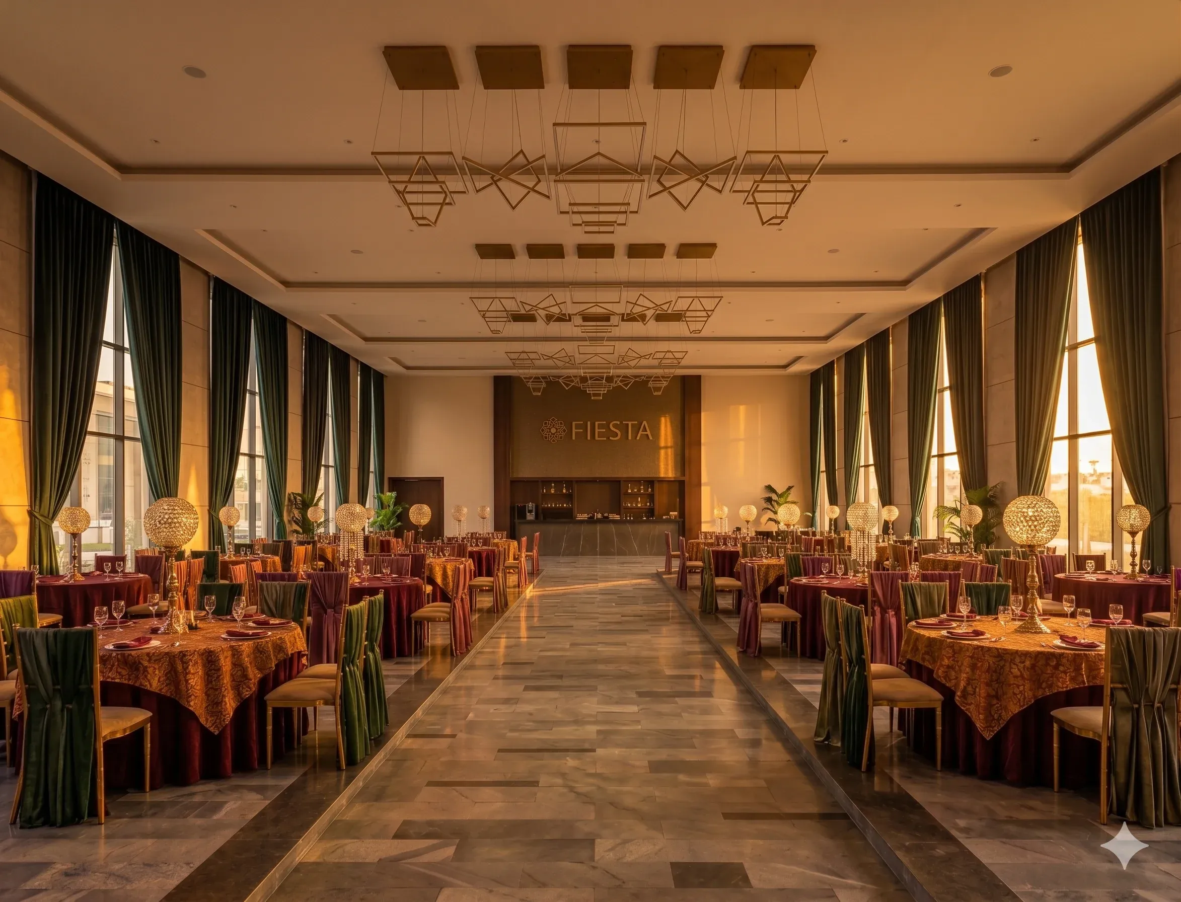 A grand interior shot of the main air-conditioned hall at Fiesta Convention Centre, featuring ornate gold chandeliers and banquets.